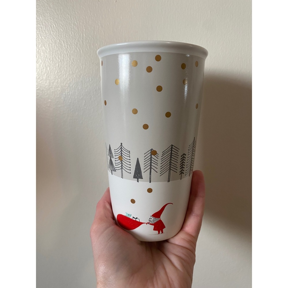 Starbucks Holiday Santa‎ Traveler Tumbler Gold Polka Dot 12 fl oz